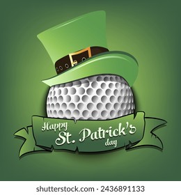 Happy St. Patricks day. Golf ball in leprechaun hat with banner. Pattern for greeting card, logo, banner, poster, party invitation. Vector illustration on isolated background