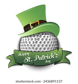 Happy St. Patricks day. Golf ball in leprechaun hat with banner. Pattern for greeting card, logo, banner, poster, party invitation. Vector illustration on isolated background