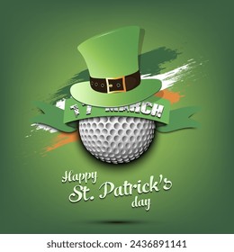 Happy St. Patricks day. Golf ball in leprechaun hat the background of the Irish flag. Pattern for greeting card, logo, banner, poster, party invitation. Vector illustration on isolated background