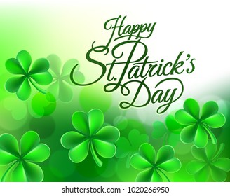 A Happy St Patricks Day green shamrock clover leaf background sign