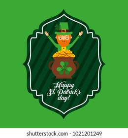 happy st patricks day green label leprechaun and pot coins