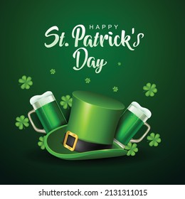 happy St. Patrick's day. green hat with beer glasses. vector illustration design 