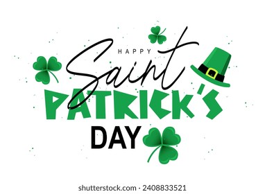 Happy St. Patrick's Day. Green leprechaun hat and shamrocks. Gift greeting banner for March 17th. Vector illustration on a white background.