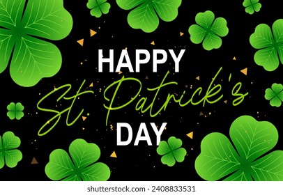 Feliz Día de San Patricio. trébol verde de cuatro hojas. Dejando. Tarjeta de saludo para la fiesta religiosa, que se celebra el 17 de marzo, día de la muerte del santo patrón de Irlanda