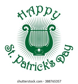 Happy St. Patrick's Day. Green lyre icon isolated on white background. Lyre with the image of four-leaf clover. St. Patrick's Day celebration symbol. Vector greeting card for St. Patrick's Day.