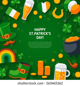 Happy St. Patrick's Day Green Background with Flat Irish Icons. Vector illustration. 