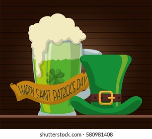 happy st patricks day green beer hat ribbon vector illustration eps 10