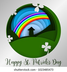 Happy St. Patrick's Day greeting card illustration with rainbow, hat, coin, shamrock. Vector paper art style. EPS10