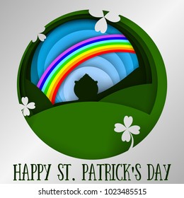 Happy St. Patrick's Day greeting card illustration with rainbow, pot, coin, shamrock. Vector paper art style. EPS10