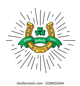 Happy St Patrick's Day greeting card with golden horseshoe and green ribbon around it and shamrock, outlined colored graphic logo