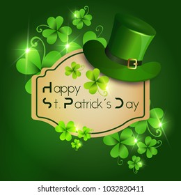 Happy St. Patricks Day Greeting Card Or Decoration Poster For Holiday With Leprechaun Hat On Green Background Flat Vector Illustration