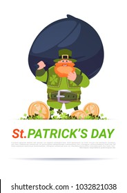 Happy St. Patricks Day Greeting Card Leprechaun Man Hold Big Bag With Golden Coins Flat Vector Illustration