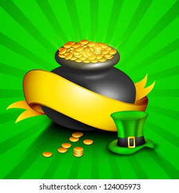 Happy St. Patrick's Day greeting card or background with pot full of golden coins, golden ribbon and leprechauns hat on green rays background. EPS 10.