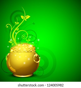 Happy St. Patrick's Day greeting card or background with golden pot and coins on green floral  background. EPS 10.