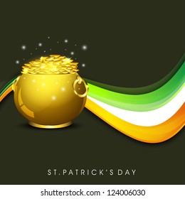Happy St. Patrick's Day greeting card or background with golden pot and coins background. EPS 10.