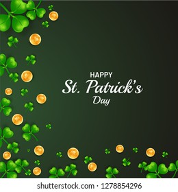 Happy St. Patrick's Day greeting card design with illustration of clove leaves and golden coins on green background.