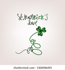 Happy St. Patrick's Day! Greeting card, flyer, invitation to a holiday or a party. Greeting inscription and leaf of trefoil on a curling stem on a light background. Vector illustration.