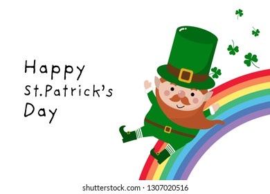 Happy St. Patrick's Day greeting card with leprechaun, gold pot and rainbow. Holiday cartoon character.