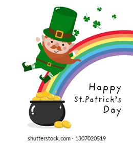 Happy St. Patrick's Day greeting card with leprechaun, gold pot and rainbow. Holiday cartoon character.