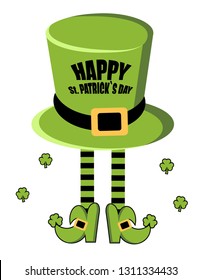 Happy St. Patrick`s Day greeting card. Leprechaun hat. 
legs of leprechaun in stockings and shoes. Shamrock. Vector illustration