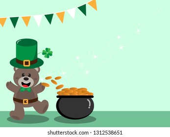 Happy St. Patrick's Day greeting card, Teddy bear leprechaun with gold pot on bright green background with copy space for text,Vector illustration ep10.