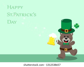 Happy St. Patrick's Day greeting card, Teddy bear leprechaun holding a beer glass on bright green background with copy space for text,Vector illustration ep10.