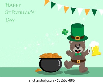 Happy St. Patrick's Day greeting card, Teddy bear leprechaun holding a beer glass and gold pot on bright green background with copy space for text,Vector illustration ep10.