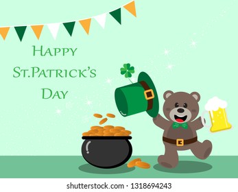 Happy St. Patrick's Day greeting card, Teddy bear leprechaun holding a beer glass and gold pot on bright green background with copy space for text,Vector illustration ep10.