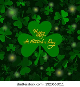 happy st. patrick's day greeting card. green background with shamrocks and greetings. horizontal vector illustration with clover leaves. irish symbol. template for banner, invitation, sign, poster