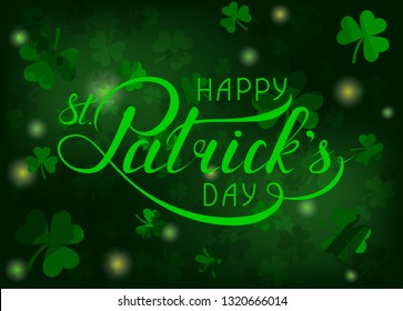happy st. patrick's day. greeting card. green background with shamrocks and greetings. horizontal vector illustration with clover leaves. irish symbol. template for banner, invitation, sign, poster