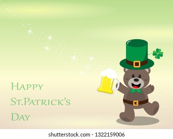 Happy St. Patrick's Day greeting card, Teddy bear leprechaun holding a beer glass on bright green background with copy space for text,Vector illustration ep10.