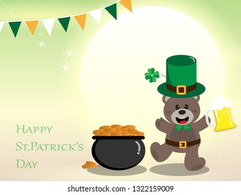 Happy St. Patrick's Day greeting card, Teddy bear leprechaun holding a beer glass and gold pot on bright green background with copy space for text,Vector illustration ep10.