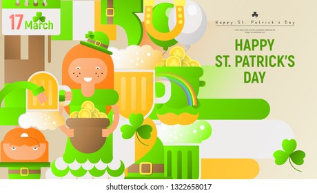 Happy St. Patrick's Day Greeting Card. Irish Beer Festival. Patrick Day Party. Vector Illustration.