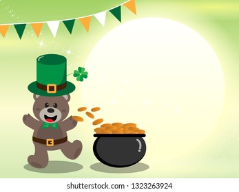 Happy St. Patrick's Day greeting card, Teddy bear leprechaun and gold pot on full moon background with copy space for text,Vector illustration ep10.
