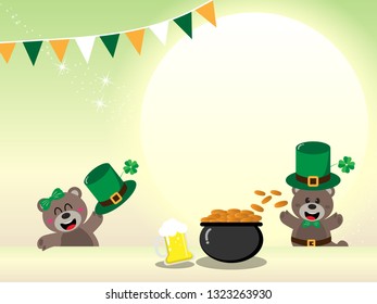 Happy St. Patrick's Day greeting card, Teddy bear leprechaun with gold pot on full moon background with copy space for text,Vector illustration ep10.