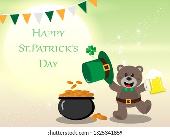 Happy St. Patrick's Day greeting card, Teddy bear leprechaun holding a beer glass and gold pot on bright green background with copy space for text,Vector illustration ep10.