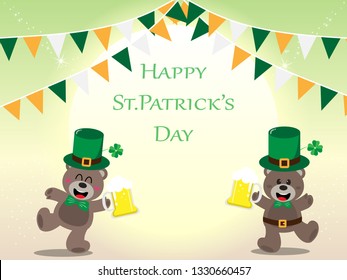 Happy St. Patrick's Day greeting card, Teddy bear leprechaun holding a beer glass on full moon background with copy space for text,Vector illustration ep10.