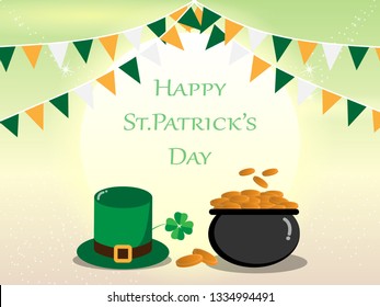 Happy St. Patrick's Day greeting card, gold pot and green hat on bright green background with copy space for text,Vector illustration ep10.