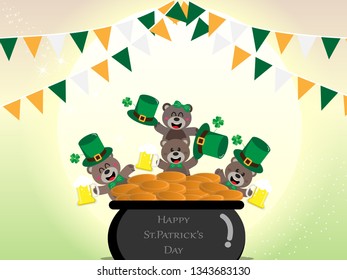 Happy St. Patrick's Day greeting card, Teddy bear leprechaun holding a beer glass on full moon background with copy space for text,Vector illustration ep10.