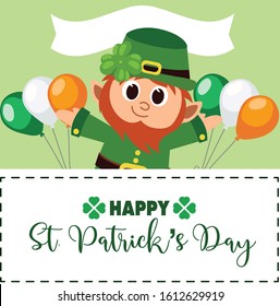 Happy st. patrick's day greeting card. vector illustration. Cute Leprechaun with balloons.
