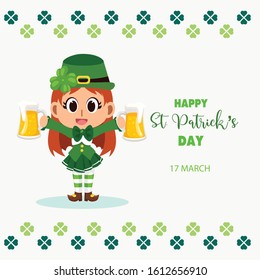 Happy st. patrick's day greeting card. vector illustration. Cute Leprechaun girl with beer.