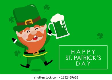 Happy St. Patrick's Day greeting card with cute leprechaun and clover. Holiday cartoon character. -vector