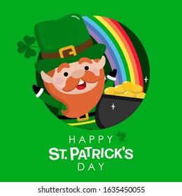 Happy St. Patrick's Day greeting card with cute leprechaun, gold money, rainbow and clover. Holiday cartoon character. -Vector