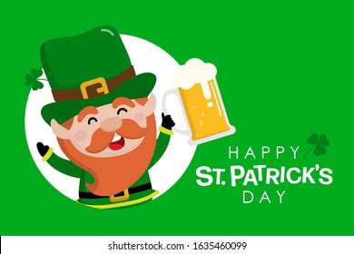 Happy St. Patrick's Day greeting card with cute leprechaun, mug of beer and clover. Holiday cartoon character. -vector