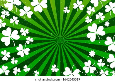 Happy St. Patricks day Greeting card. Shamrock leaf clovers, Irish spring holidays. Green background.