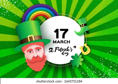 Happy St. Patricks day Greeting card in paper cut style. Leprechaun. Shamrock leaf clovers, Irish elf hat. Spring party. Religious holiday. Rainbow. Circle frame for text.