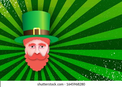 Happy St. Patricks day Greeting card in paper cut style. Leprechaun. Irish elf hat. Spring Religious holiday.