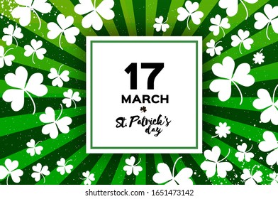 Happy St. Patricks day Greeting card. Shamrock leaf clovers, Irish spring holidays. Square frame for text. Green background.