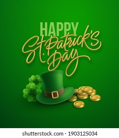 Happy St. Patricks Day greeting background for postcard, banner, poster. Leprechaun hat with clover leaves and gold coins. Vector illustration EPS10