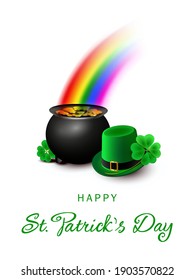 Happy St. Patrick's Day Greeting Card with Gold Pot under the Rainbow, Shamrocks and Leprechaun Hat